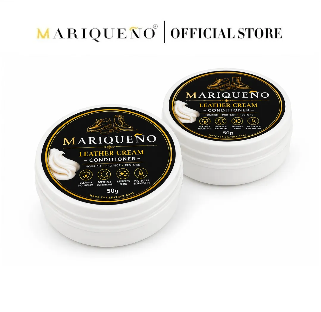 Packaged product with sponge and leather conditioner, branded 'Mariqueno', on a white background.