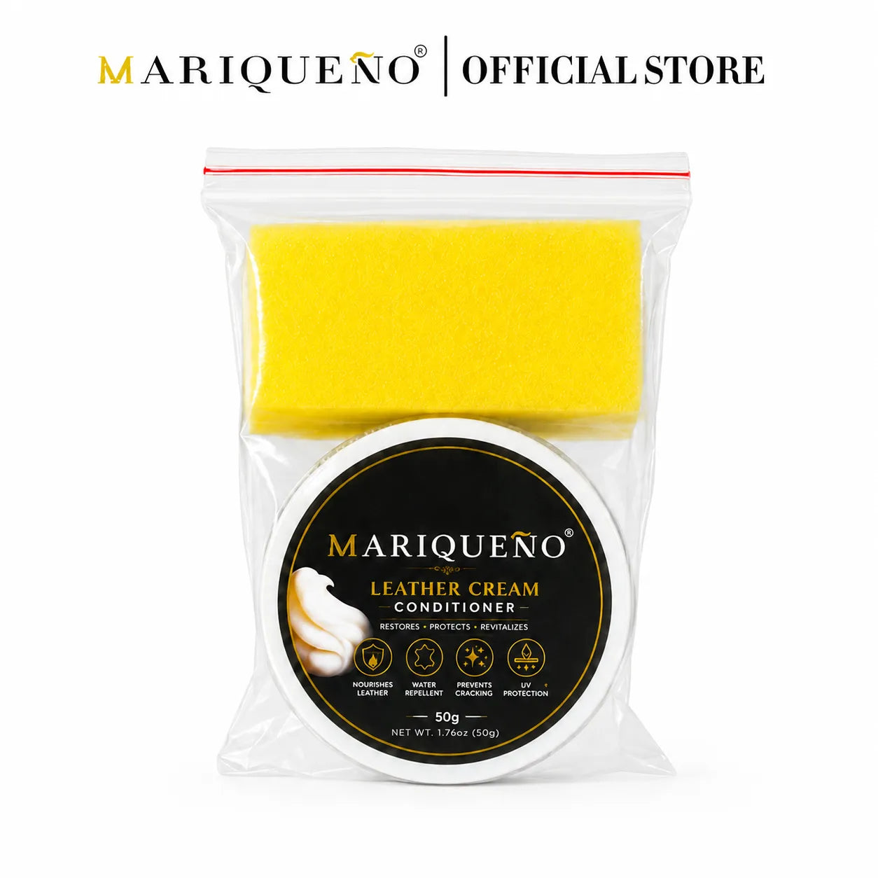Packaged yellow sponge and shoe cleaner with 'Mariqueno' branding on a white background.