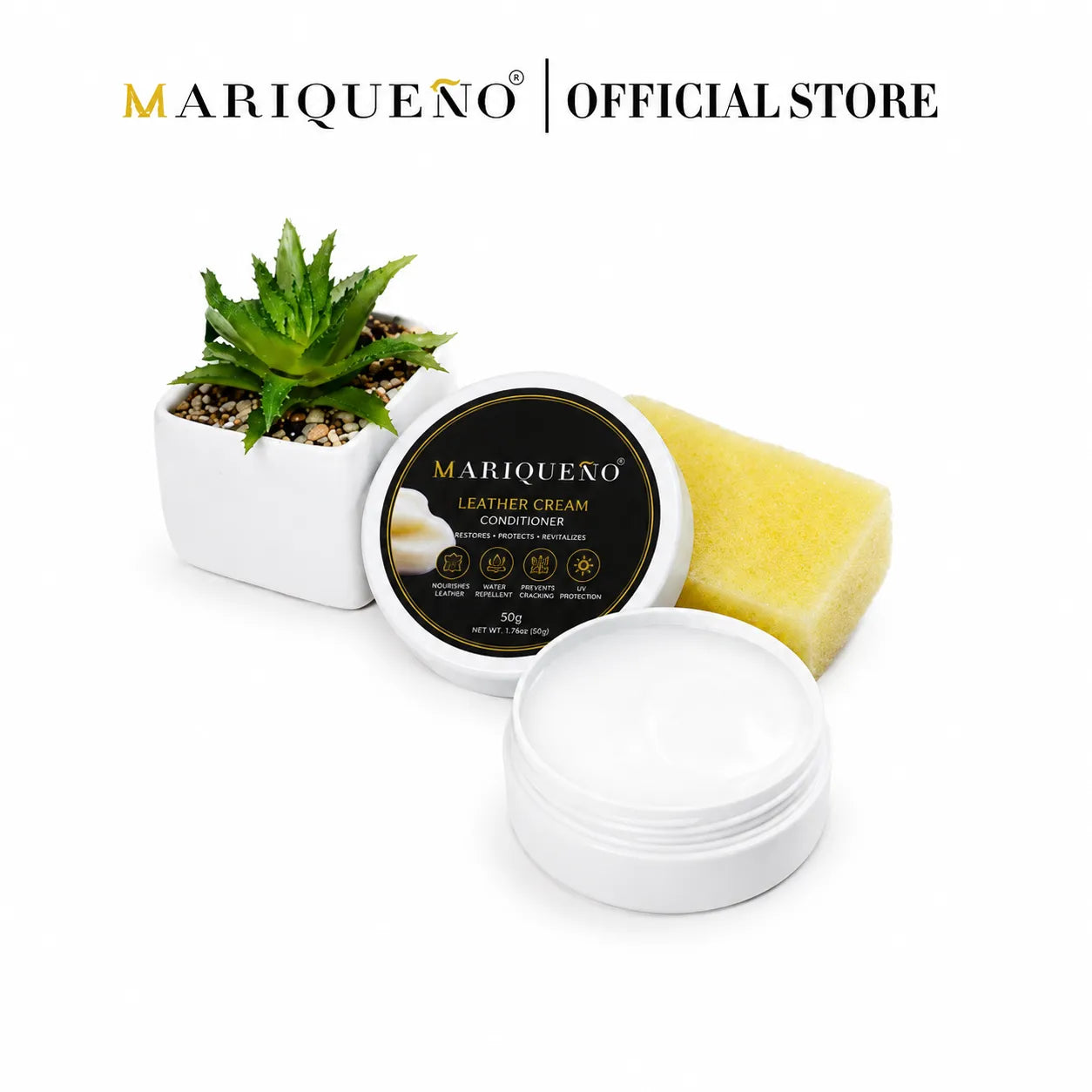 Mariqueónó leatehr conditioner product with a small plant on a white background