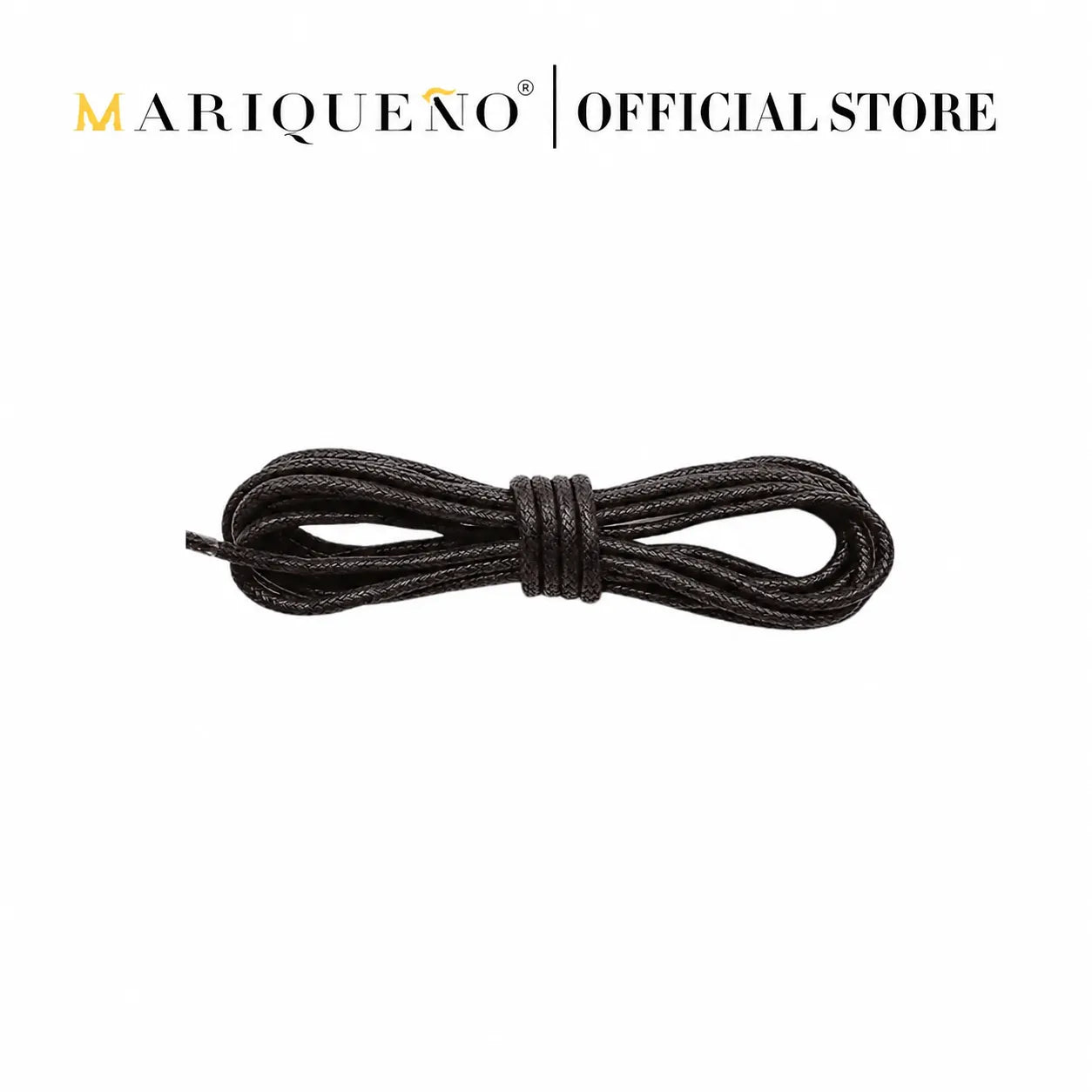 Black shoelace tied in a knot on a white background with 'Mariqueno' branding.
#color_black