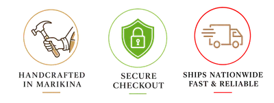 Three circular promotional badges on a white background: one says 'Handcrafted Shoes by Filipino artisans' with a shoe illustration, one says 'Secure Checkout' with a lock icon, and one says 'Ships Nationwide' with a cargo ship icon.