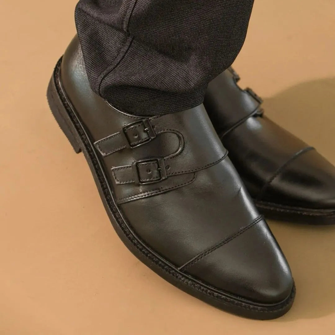 Santiago double monk strap leather shoes in black color
#color_black