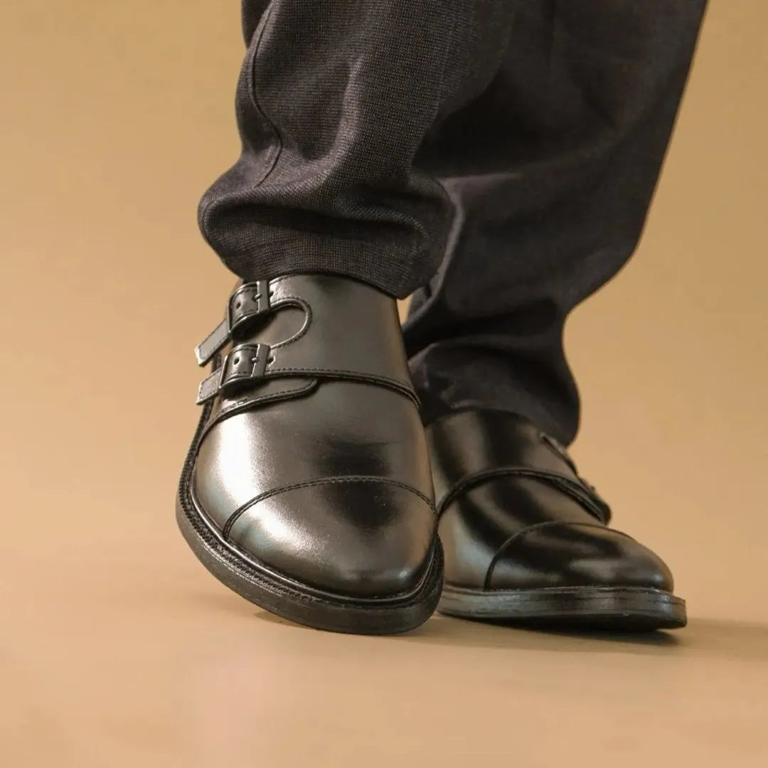 Santiago double monk strap leather shoes in black color
#color_black