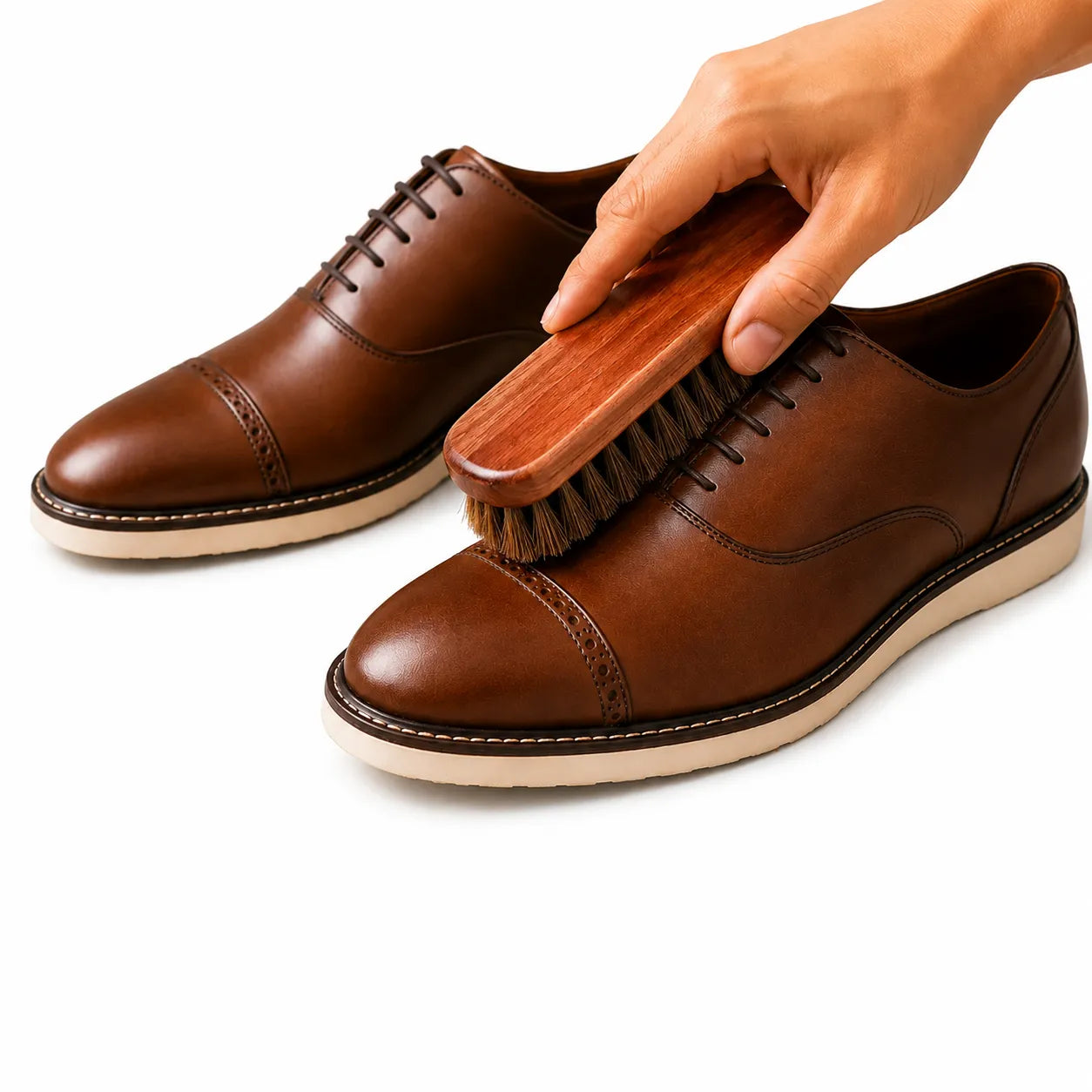 Brown leather shoes being cleaned with a brush on a white background