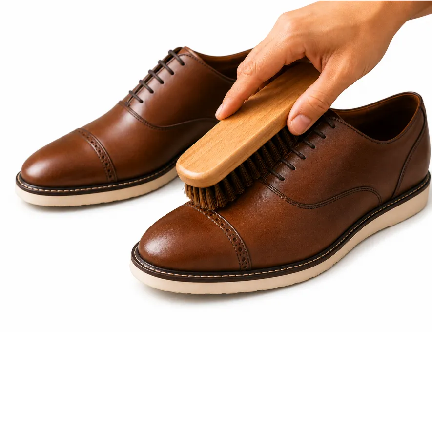 Brown leather shoes being cleaned with a brush on a white background